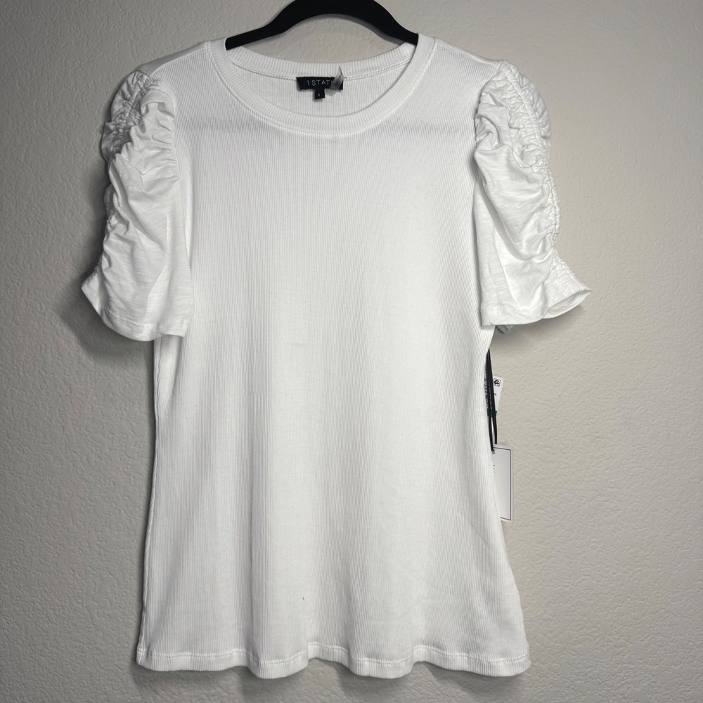 1.State Ribbed Knit Top White Large Ruched Puff Sleeve Crew Neck Stretch Casual